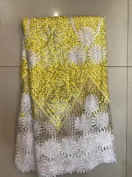 

African Lace Fabric 2018 High Quality Nigerian Lace Tulle Embroidered Pearls and beads Blue Yellow for wedding Fashion Woman