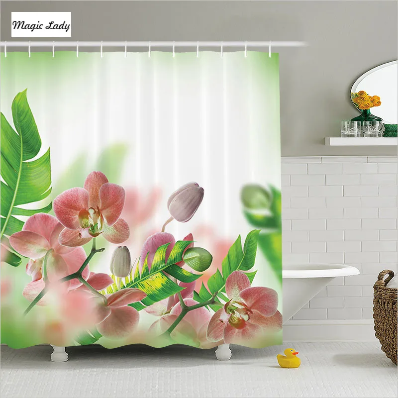 Shower Curtains Fabric Green Tropical Orchids Branch Spring Floral Flower Feathers Peach Green