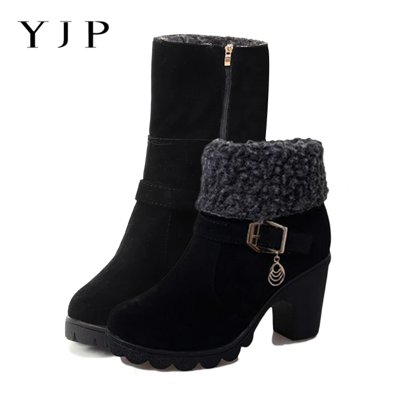 

YJP Turned-over Edge Women Ankle Boots, Winter Warm Plush Fur Snow Boots, Black/Brown/Red Female High Heel Folding Tube Shoes