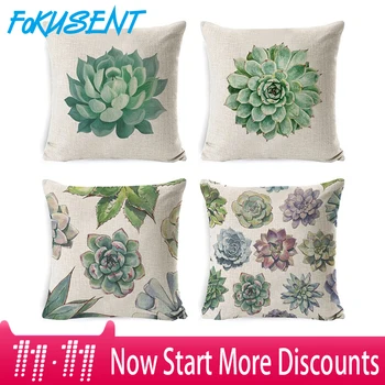 

Fokusent Green Plant Succulents Cactus Potted Cushion Cover Comfortable Linen Pillowcase Sofa Home Decoration Pliiowcas 45x45cm