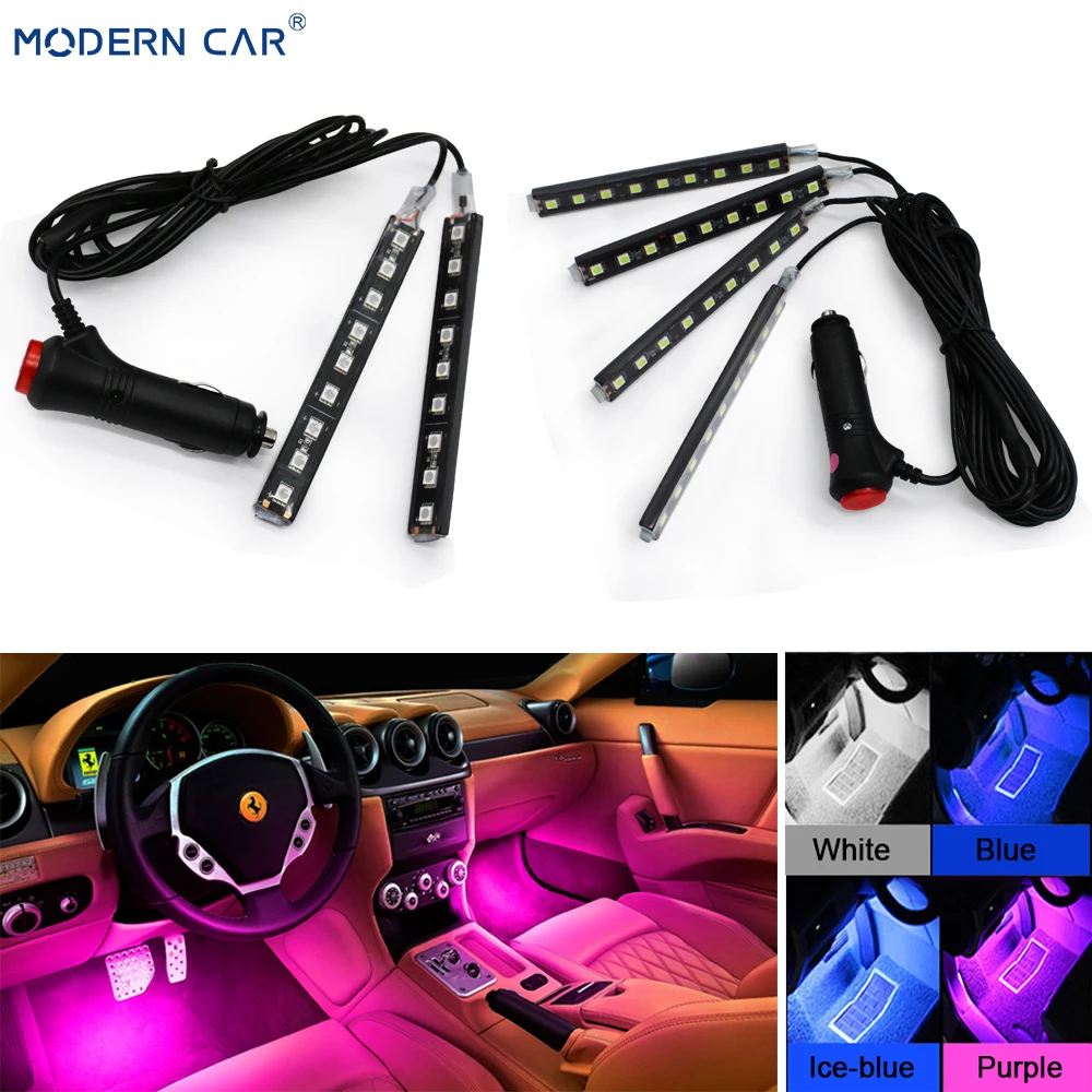 MODERN CAR 9 LED 2/4 In 1 Interior 5050 Atmosphere Lights Dash Floor Foot Strip Lights Cigarette Lighter Adapter Decorative Lamp MODERN CAR 9 LED 2/4 In 1 Interior 5050 Atmosphere Lights Dash Floor Foot Strip Lights Cigarette Lighter Adapter Decorative Lamp