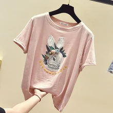 Женская футболка с короткими рукавами и цветочной вышивкой, с мультяшным Кроликом, новинка года, летняя свободная повседневная женская футболка с забавными буквами, 35