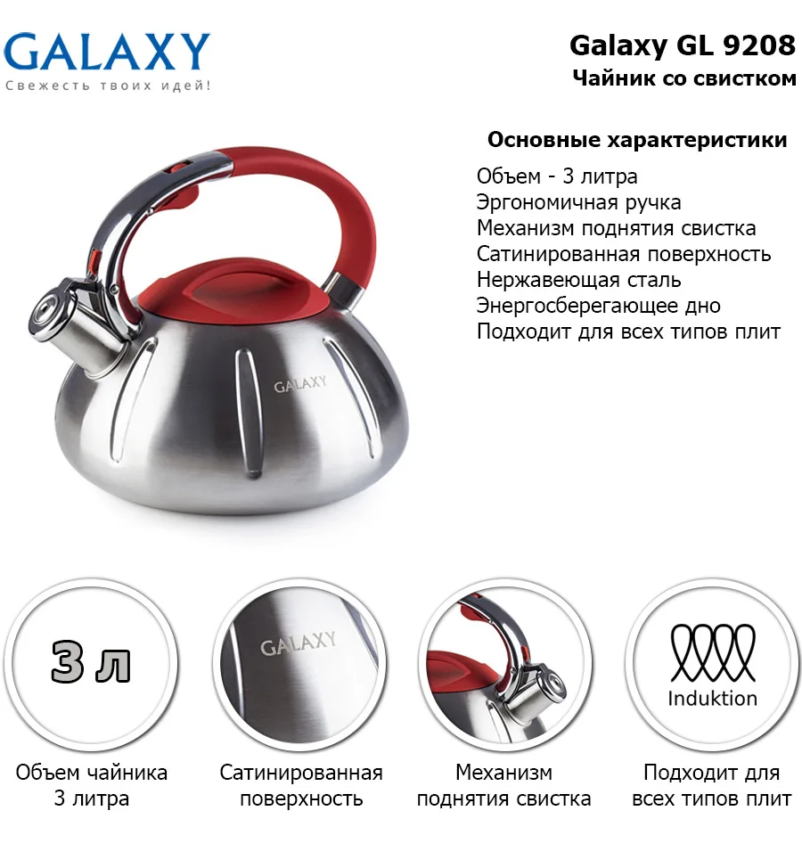 Чайник Galaxy GL 9208(Объем 3 л, Высококачественная нержавеющая сталь, подходит для всех типов плит