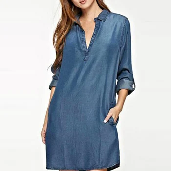 

S-5XL Women Fashion V Neck Plunge Low Cut Sexy Denim Blue Jean Look Long Flod Sleeve Collared Mini Shirt Dress Vestido