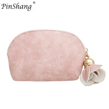 

PinShang Women Concise Mini PU Leather Coin Purse Portable Zippered Handbag Pocket with Flower Pendant Design Wallet ZK30
