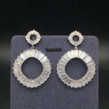 

Luxury Trendy Trapezoidal Stone AAA Cubic Zirconia Round Pendant 2 Circle Drop Earrings For Women Party Dress Up Accessories