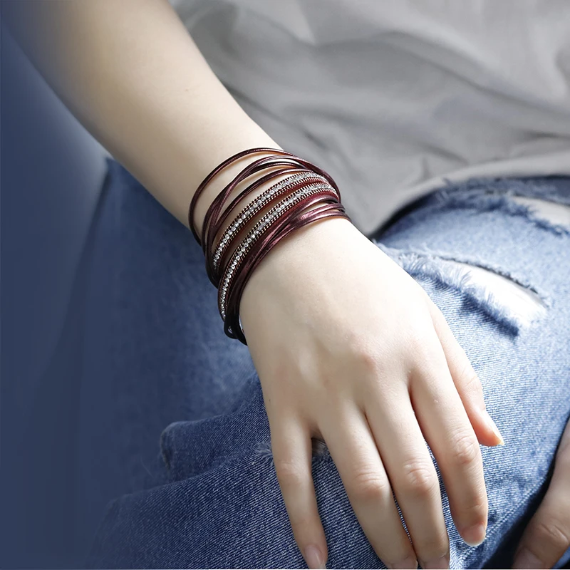 Amorcome, многослойный кожаный браслет для женщин, 6 цветов, трендовые хрустальные браслеты и браслеты для женщин, ювелирные изделия