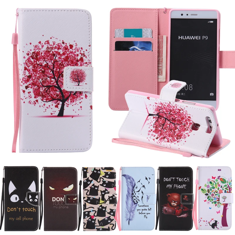 

Cute Cartoon Colorful Girl Strap Wallet Leather Flip Funda Coque Phone Case For Huawei Ascend P9 / P9 Lite / Honor 5X Back Cover