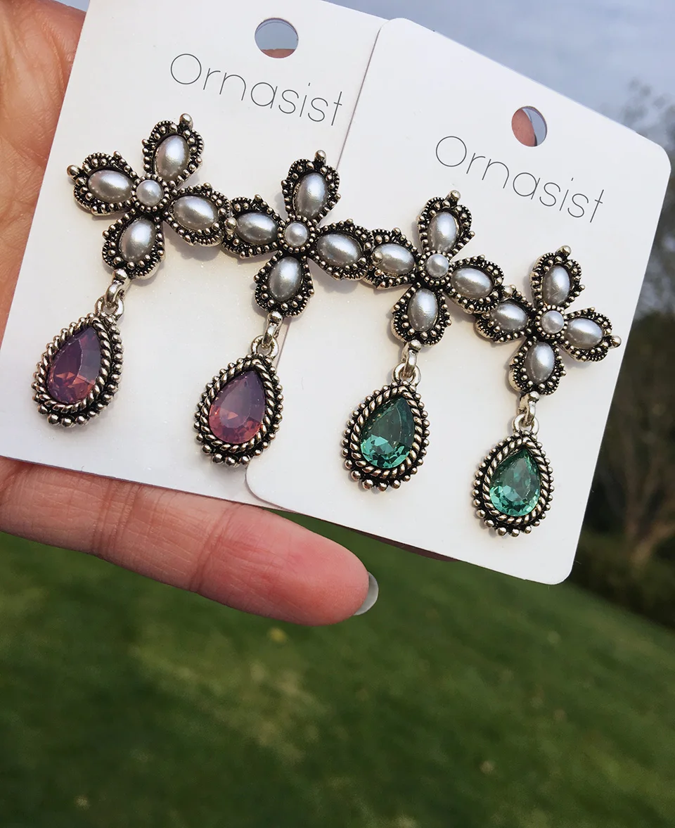 

Statement Flower Crystal Drop Earrings 3 Colors For Women Girls Vintage Antique Silver Plated Pearl Dangle Earring