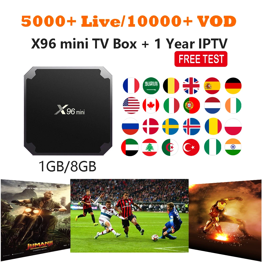 

X96 mini TV Box with 1 year IPTV subscription for Arabic French Europe USA 5000+ Live VOD Amlogic S905W Android 7.1 4K IPTV Box