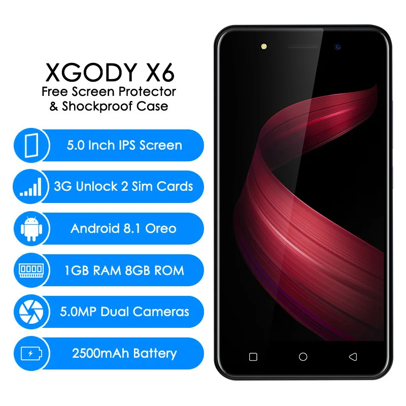 XGODY 3G Dual Sim Smartphone 5.0 Inch Celular Android 8.1 Oreo Mobile Phone MT6580M Quad Core 1GB+8GB 2500mAh 5.0MP Cellphone X6