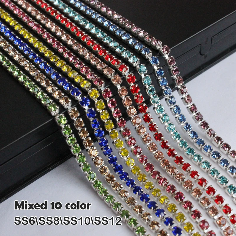 

Free shipping Rhinestone Chain Gold/Silver claw 10 Colors Mix color Sew on Cup chain for clothing ornament accessories