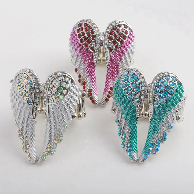 

Angel Wings Stretch Ring Women Jewelry Gifts for Her Antique Gold Silver Colors Crystal Blue Pink And white