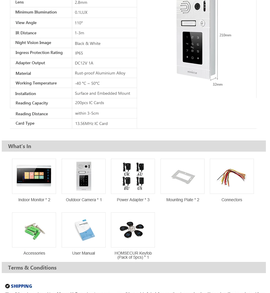 HOMSECUR 1C2M " проводной AHD1.3MP видео домофон безопасности с паролем доступа, передача вызова(BC071HD-S+ BM705HD-B