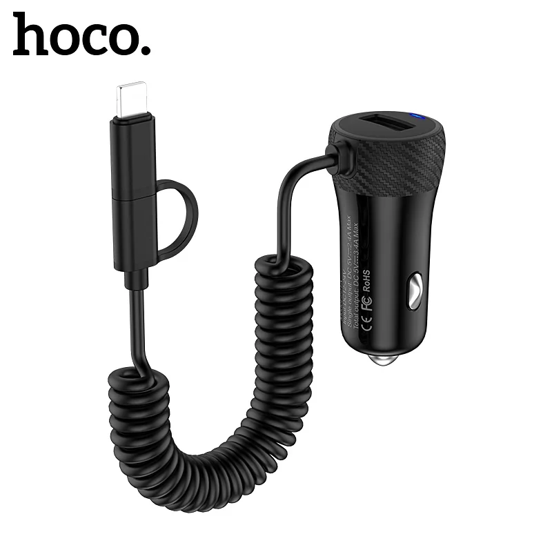

HOCO 2in1 USB Car Charger For iPhone X 8 7 Car-charger With Micro USB Type c Apple-Plug Cable For Samsung S9 S8Plus Quick Charge