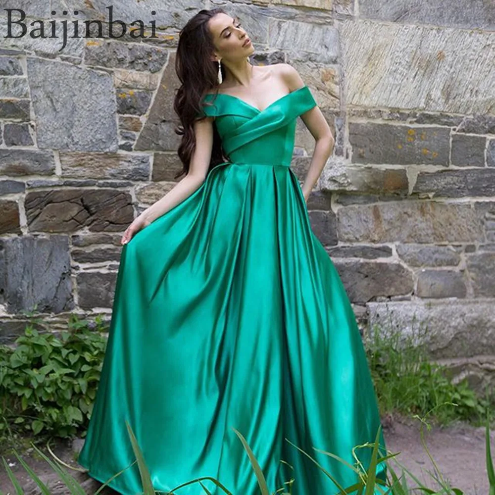 

Baijinbai Wrap Off Shoulder Ball Gown Prom Dresses Satin Evening Pageant Gowns Vestido de Festa Party Long Dress with Pockets