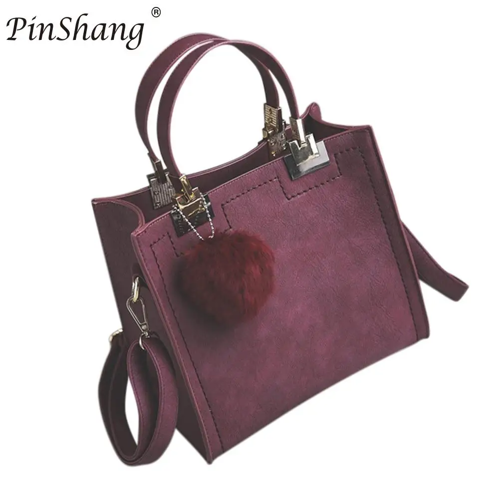 

PinShang Fashion PU leather handbag Women Casual Large Tote Bag Lady Shoulder Messenger Bags With Fur Ball Office woman ZK20