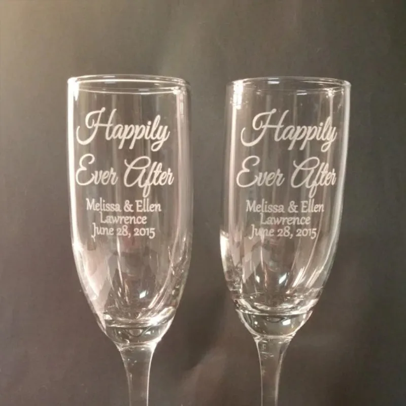 2pcs Personalized Name Date Champagne Flutes Glasses Happy Even After