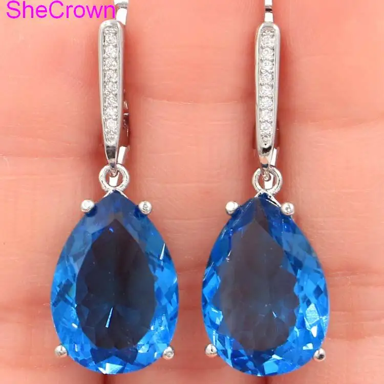 

Elegant Drop Rich Blue Violet Tanzanite, White CZ Ladies Wedding 925 Gold Silver Pendant 35x22mm