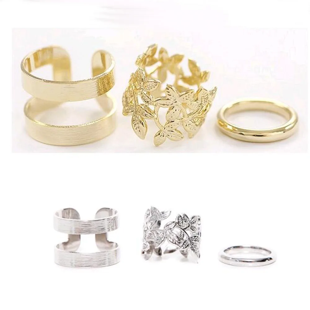 

3pcs/ Lot Fashion Vintage Punk Style Metal Gold/Silver Color Leaf Above Knuckle Hollow Out Leave Band FingerJoint Set Ring