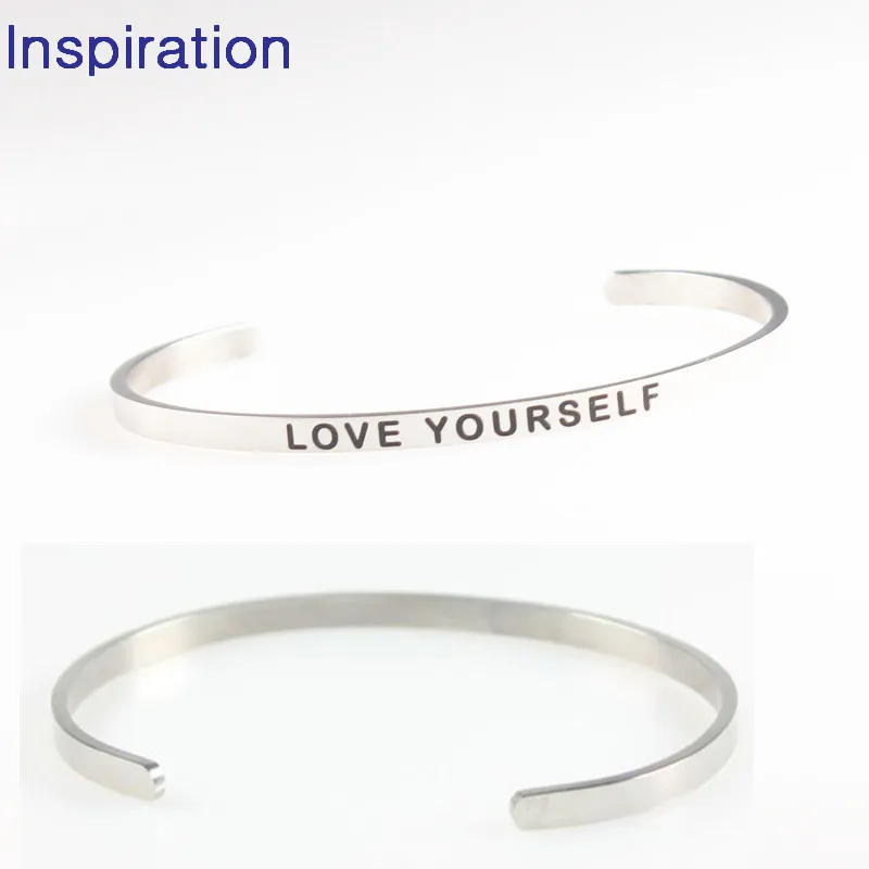 

Stainless Steel Handmade Love Yourself Mantra Bangle Engraved Inspirational Quotes Bracelet Width 4mm Cuff Bangle For Women
