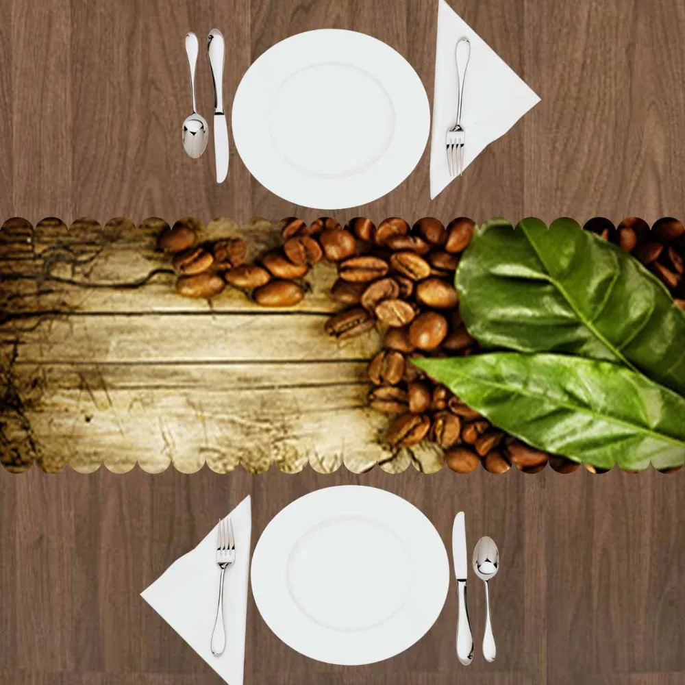 

Else Brown Tree Wooden Aging Coffee Beans Green Leaves 3d Print Pattern Modern Table Runner for Kitchen Dining Room Tablecloth