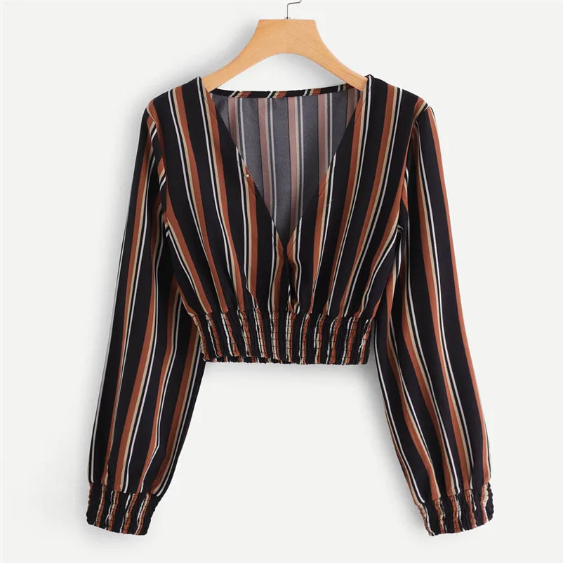 Fashion womens tops and blouses summer Autumn 2018 V Neck Long Sleeve Striped Blouse Tops Clothes Shirt camicette Y30#N  (5)