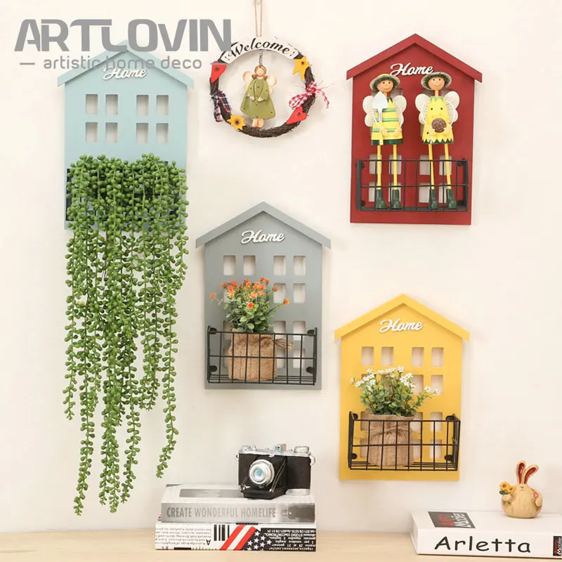 Goede Creative Wall Mounted Opknoping Huis Model Mini Craft voor Home Tuin Deur Decoratie Miniatuur 3d Houten Bloempotten