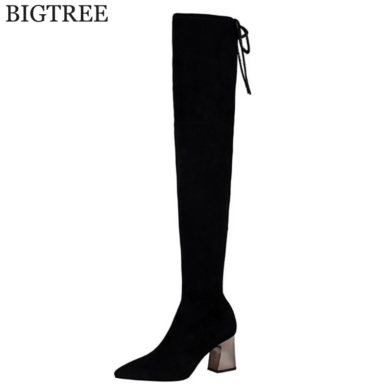 

2019 Flock Leather Women Over The Knee Boots Lace Up Sexy High Heels Women Shoes Lace Up Winter Boots Warm Women's boots c279