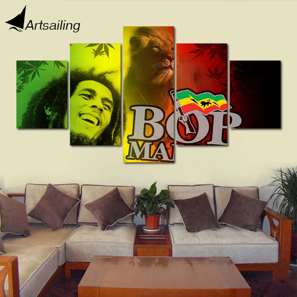 Decorative Painting 5 Piece Hd Printed Bob Marley With Lion