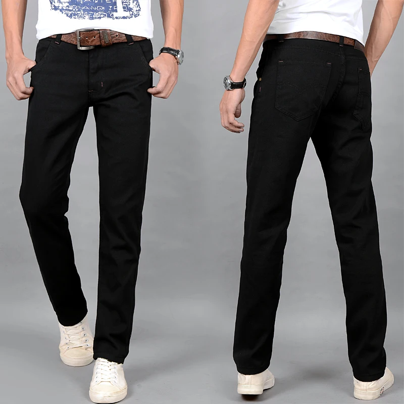 Мужская Pure black Relaxed Fit Прямой Ногой Джинсы Кожа Да кости Стройный Жан Брюки