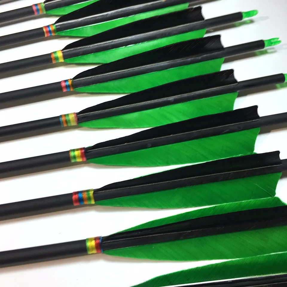 

12Pc New 31.5 inches Carbon Arrow Spine 500 With 5''Turkey Feather Real Feather OD 7.6mm for Recurve and Compound Bow Huntting