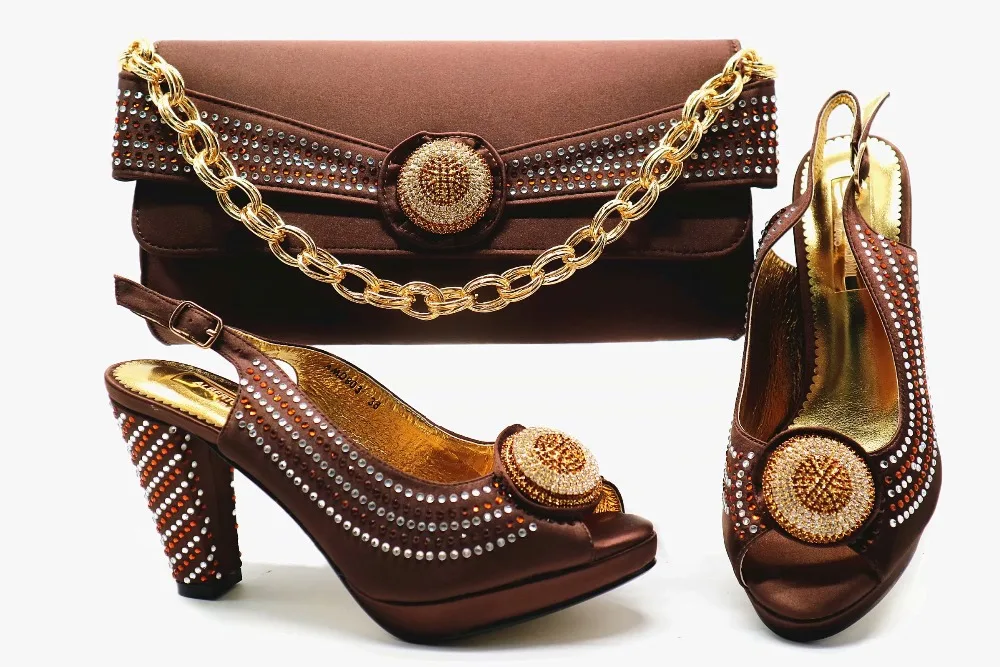 

4 inches coffee chocalate brown shoe and bag matching set italian shoes and bag for african aso ebi party shoe and bag SB8253-1