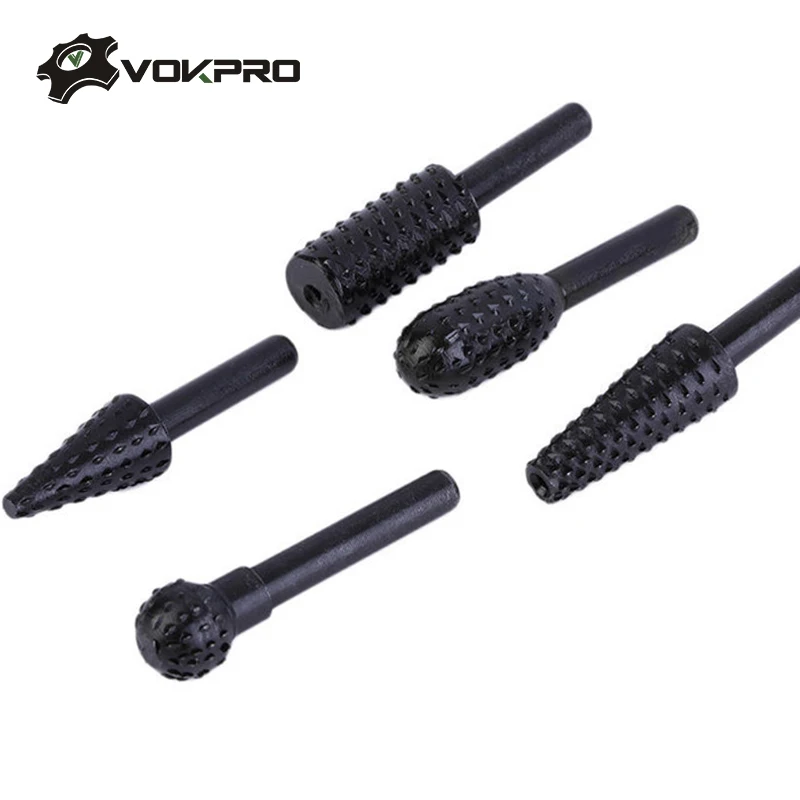 5pcs Black Steel Rotary Burr Set 1/4'' 6mm Shank Wood Rasp Drill Bits