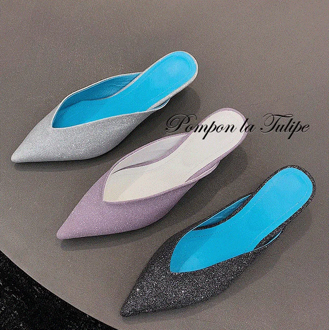

YY 920019 glitter shiny surface stylish summer spring 4.5cm mules with thin kitten heel fashion V-shape design and pointed toe