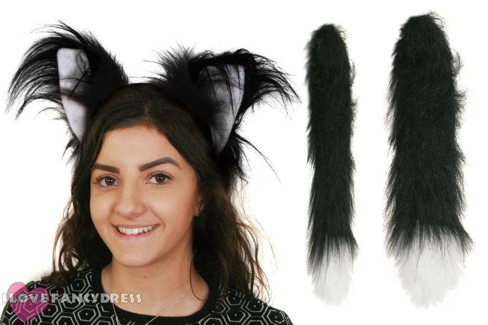 Adult Kids Black Cat Ears Headband Hair Bands Tail Nose Set Lady