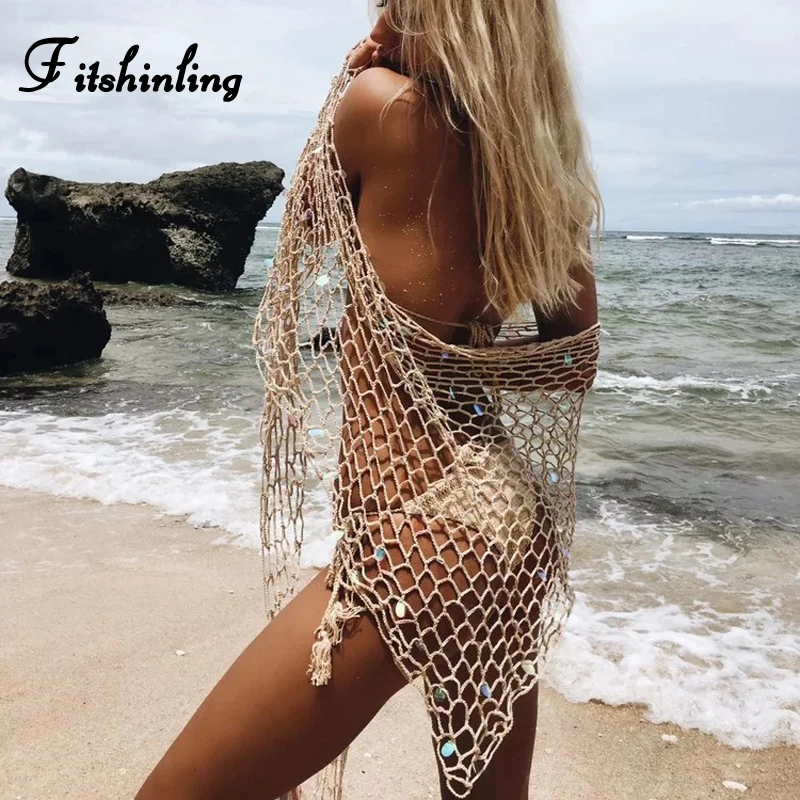 Kopen Fitshinling Lovertjes handgemaakte haak mesh beach cover up cape badmode kant sexy hot fringe bovenkleding bohemian strappy cover up