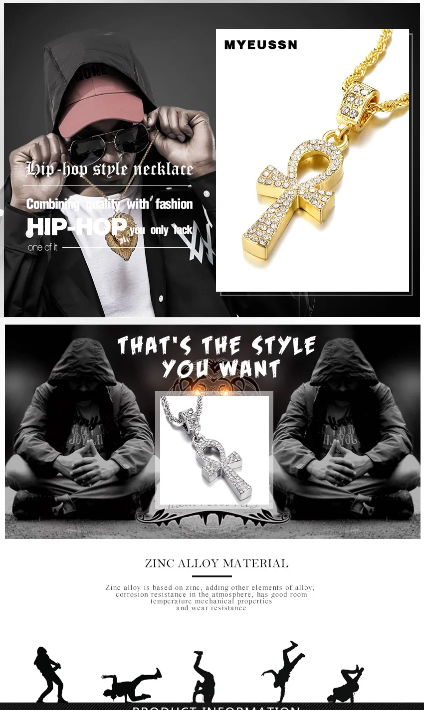 Подвеска из сплава с крестом для мужчин, золото/серебро, ключ жизни, египетское ожерелье с подвеской в стиле хип-хоп, ювелирное изделие со льдом, кристалл, браслет, побрякушка