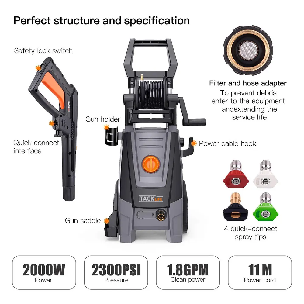 TACKLIFE PPW002R мойка высокого давления автомойка 1 8 GPM 2000 Вт Автомойка
