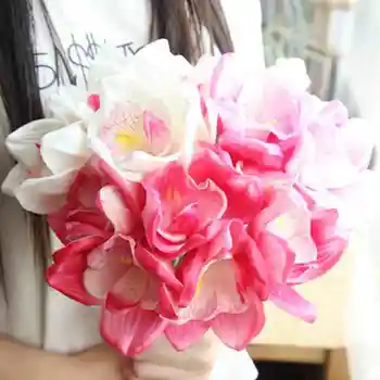 

1 bouquet Simulation Real Touch Cymbidium Simulation Small Orchid Hands Holding Fake Flowers for Wedding Party Home Garden Decor