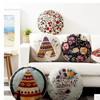 

round shaped floral printed cushion cover cotton linen throw pillow cover sofa kilim lumbar pillow case