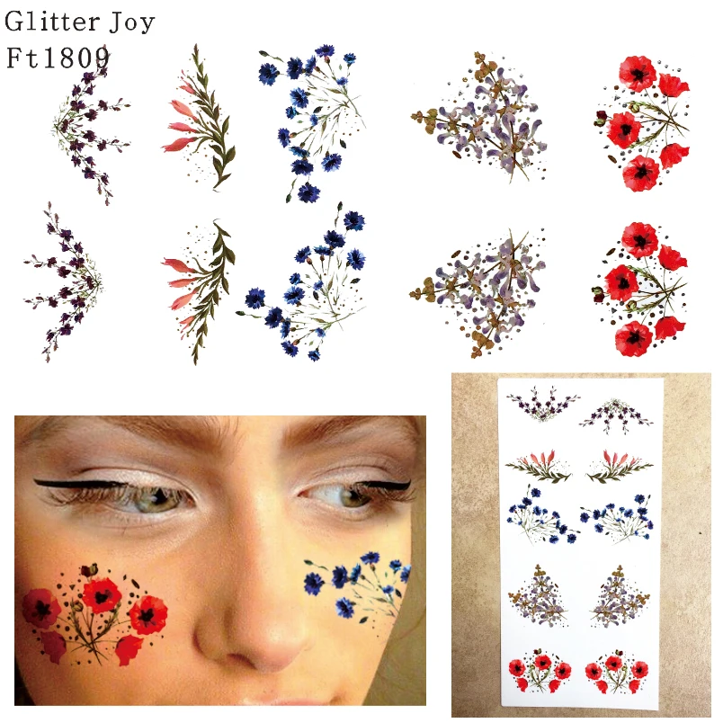 

FT1809 Metallic Silver and Gold with Colored Flower Freckle Face Tattoo Sticker for Body Makeup inpsired