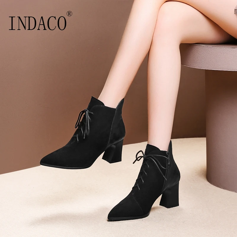 

Women Pointed Toe Leather Black Boots Sheepksin Zippers Lace Up Fashion Autumn Winter Shoes 7cm
