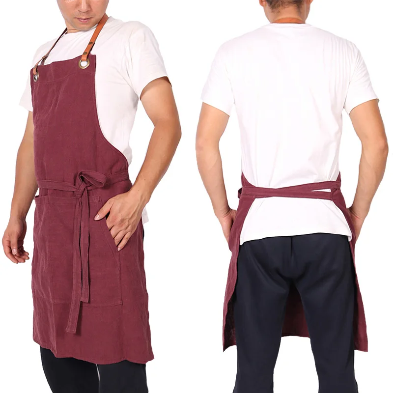 WEEYI Linen Cooking Apron For Woman Men With Leather Strap Unisex Bartender Bakers Painters Barista Kitchen Aprons delantal