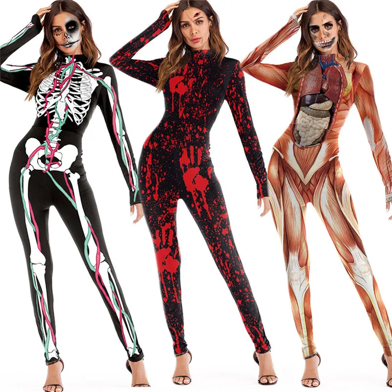 2018 Autumn jumpsuit woman Casual Scary Halloween 3D Skull Viscera