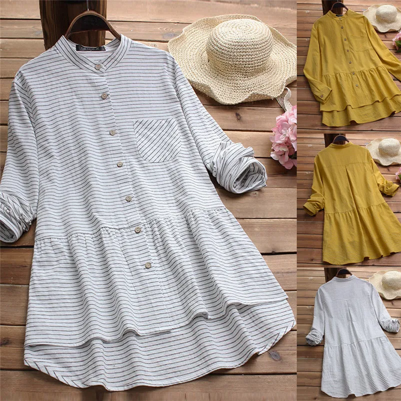 Fashion womens tops and blouses summer Autumn 2018 Long Sleeve Shirt Cotton Linen Striped Casual Loose Blouse camicette A22#N  (8)