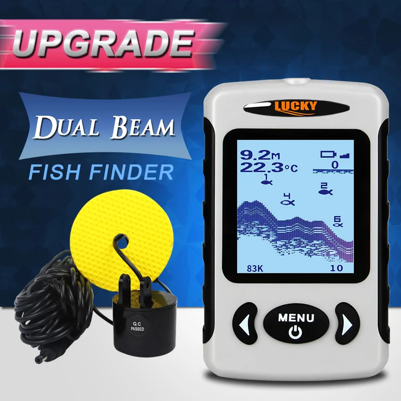 

Lucky FF718D 2.2" LCD Portable Cable Dual Frequency Fish Finder 200KHz/83KHz 100m Muti-language Detection Fish Detector Auto