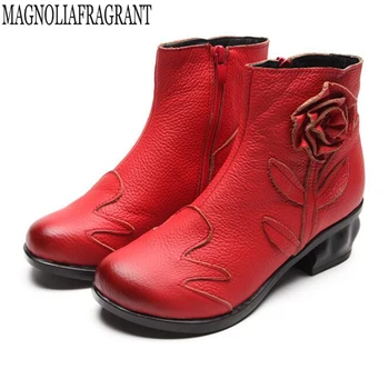 

Autumn Winter new Thick heel Genuine Leather Women's boots Retro boots Handmade Flower ankle boots for women shoes c221