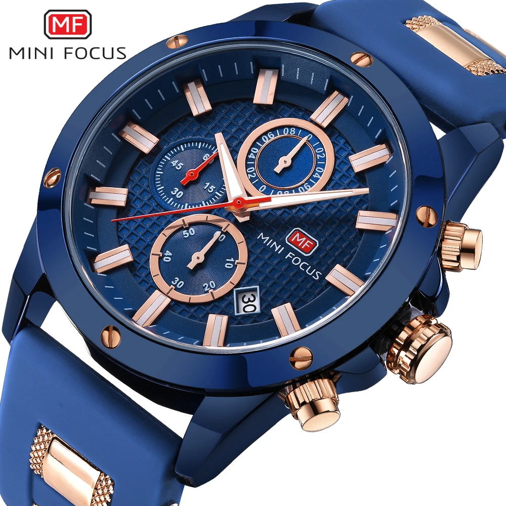 

MINI FOCUS Chic Marine Men Quartz Analog Watch 3D Bolt Design 6 Hands 24H Calendar Rubber Strap Luxury Fashion Clock WITH BOX