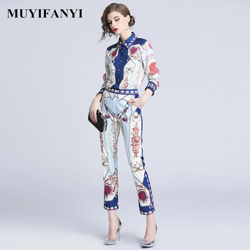 2019 High Quality Fashion Designer Runway Set Women Suits Vintage Print Casual 2 piece set Turn-down Collar Shirts and Pants | Женская